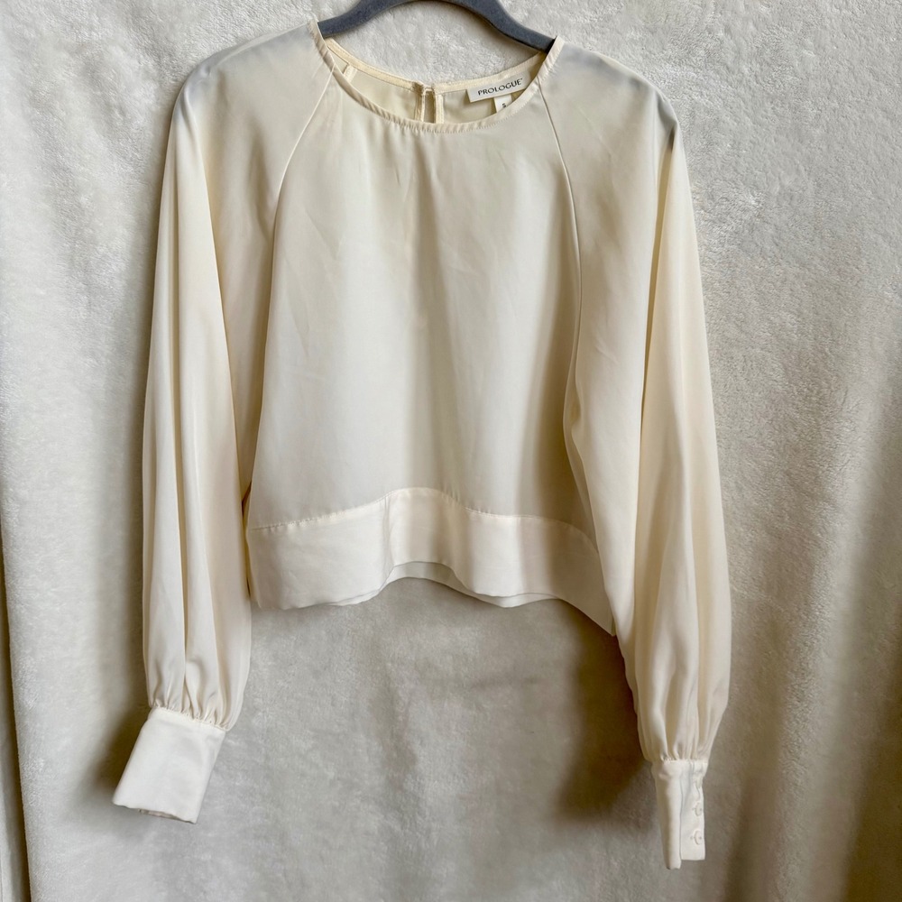 Prologue Womens Ivory Cropped Blouse Raglan Sleeves Ruffle Cuffs Size Small